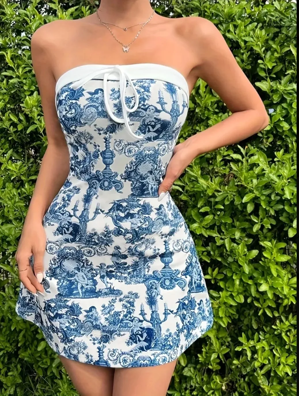 Vestido Strapless Toile de Jouy - Azul Mediterráneo en azul mediterraneo